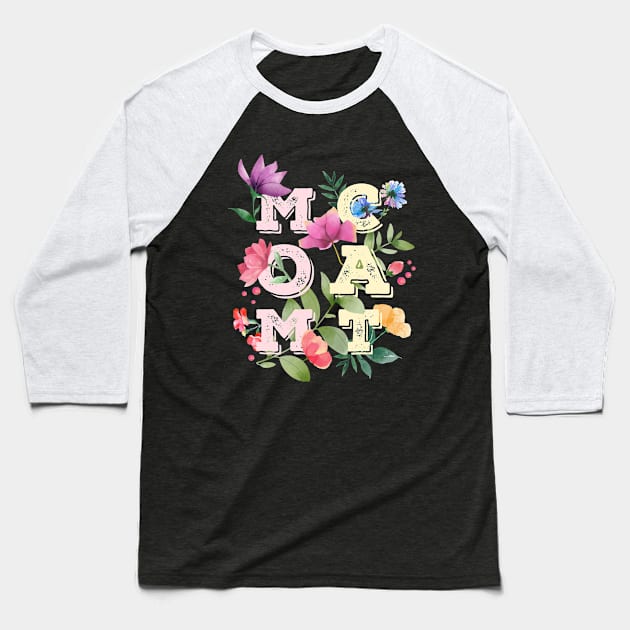 MOM CAT Letters with Flowers (Black Background) Baseball T-Shirt by leBoosh-Designs